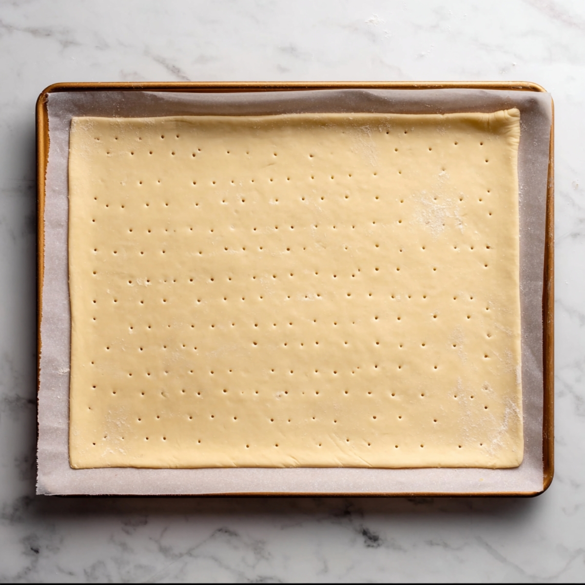 Mille Feuille Recipe | Easy French Napoleon Pastry 11 An unbaked sheet of puff pastry, pierced with evenly spaced holes, resting on parchment paper on a baking tray.