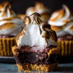A smores brownie cupcakes with a golden graham cracker crust, gooey chocolate center, and a perfectly toasted marshmallow topping.