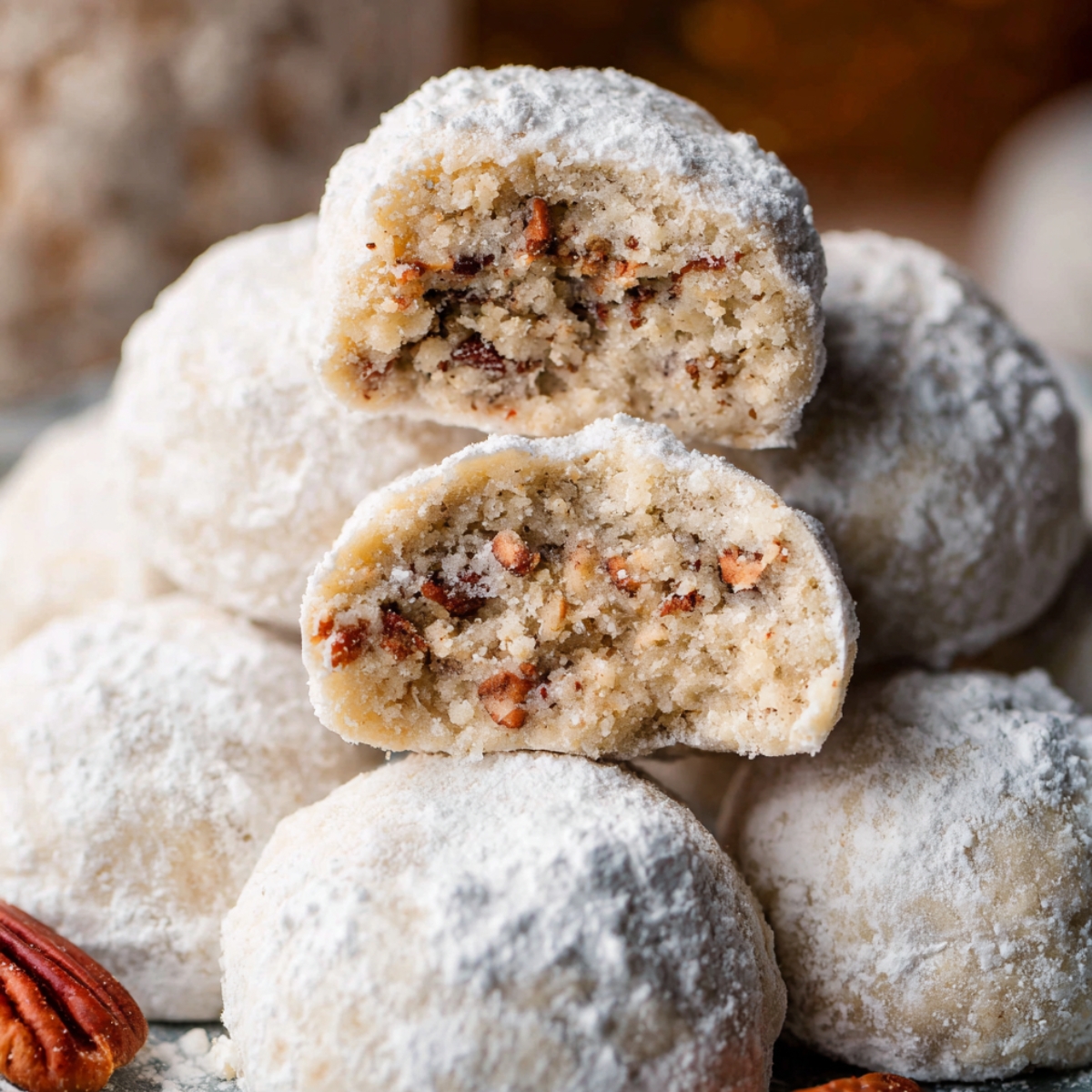 A close-up image of freshly made snowball cookies, dusted with powdered sugar. The stack of cookies has one halved, revealing the crumbly, nut-filled interior with small pieces of pecans. The cookies are soft, lightly textured, and homemade, with a warm, inviting appearance. A pecan rests beside the stack, adding to the rustic charm of the scene.