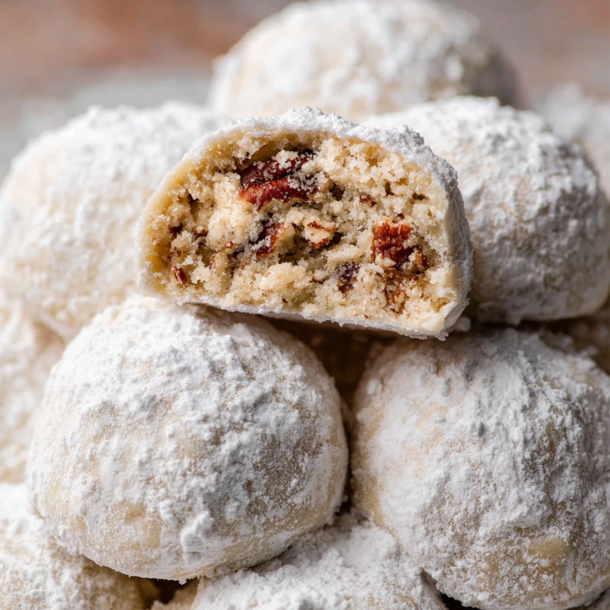 A stack of Snowball Cookies dusted with powdered sugar, with one halved to reveal a pecan-filled, crumbly interior.