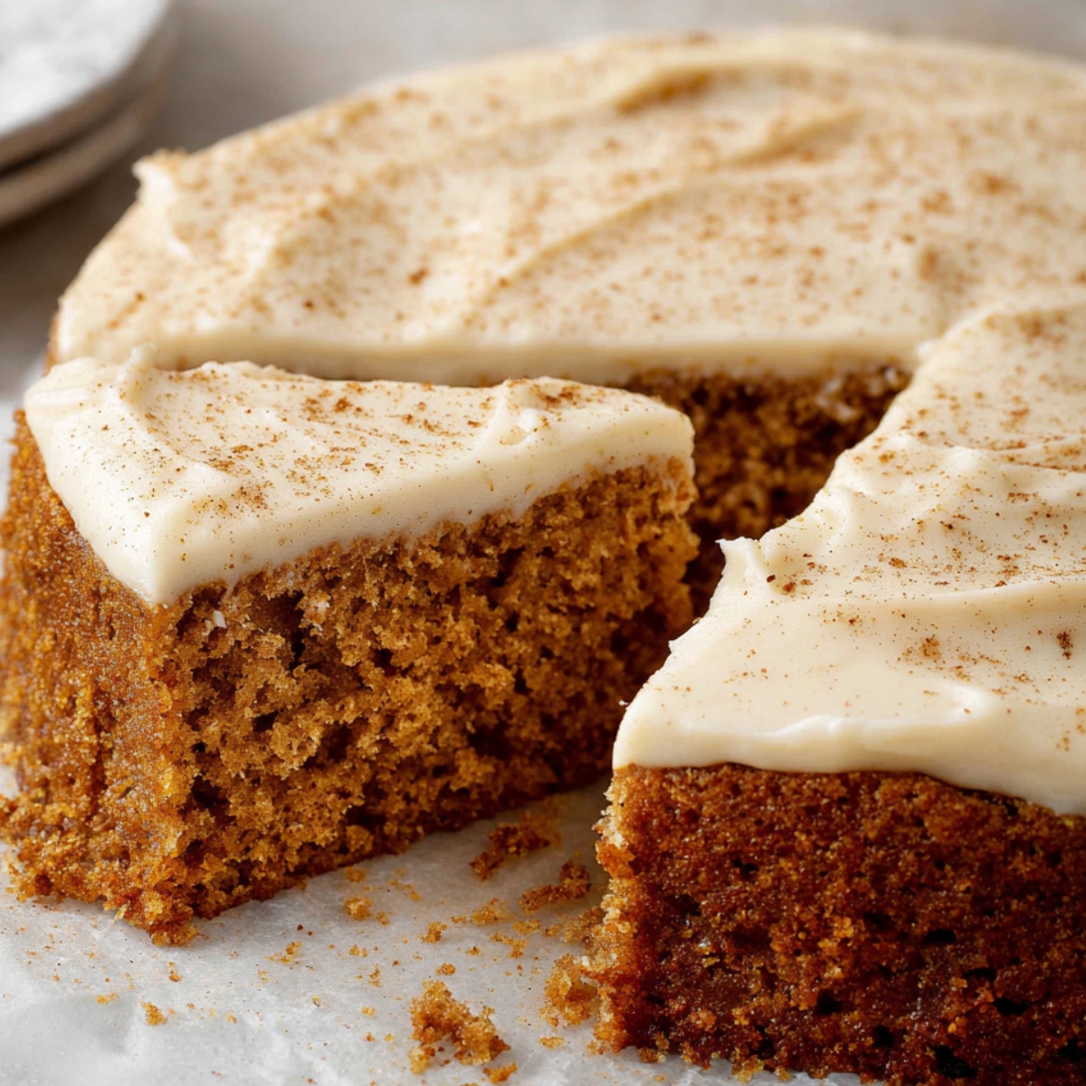 A homemade spice cake with cream cheese frosting, lightly dusted with cinnamon. A slice has been cut, revealing the moist, tender crumb inside. Crumbs are scattered on the parchment paper, giving it a freshly baked look.