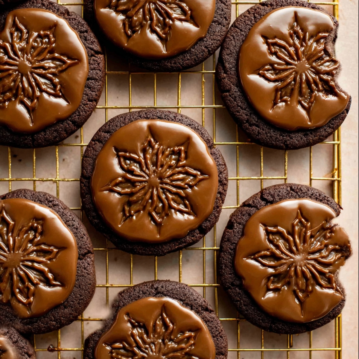 Stamped Chocolate Espresso Cookies 9 Stamped Chocolate Espresso Cookies topped with glossy espresso glaze and stamped floral designs, cooling on a gold wire rack.