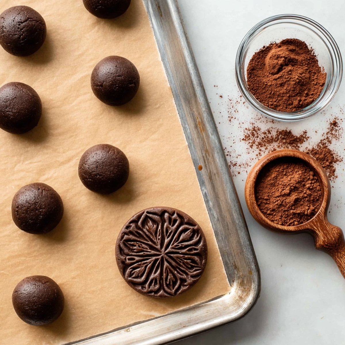 Stamped Chocolate Espresso Cookies 11 Here's where the fun happens. Take your cookie stamp and place it directly on top of a dough ball, centering it as best you can. Press down firmly until the dough spreads nearly to the edges of the stamp, then lift straight up. If the dough sticks to your stamp, lightly brush some cocoa powder onto the stamp with a pastry brush before stamping the next one. You can brush off any excess cocoa from the cookie tops if you'd like.
