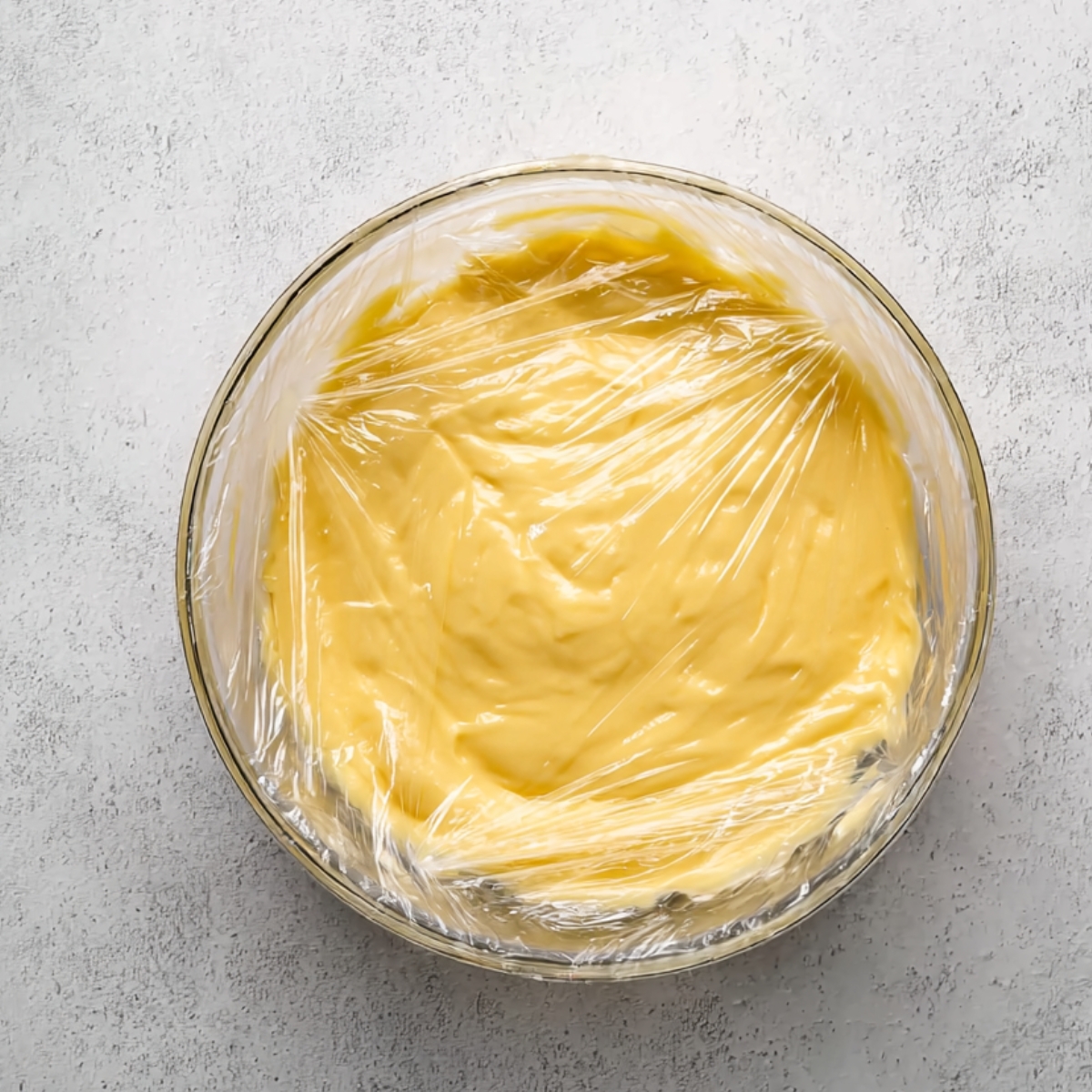 A bowl of homemade pastry cream covered with plastic wrap sits on a light textured countertop.