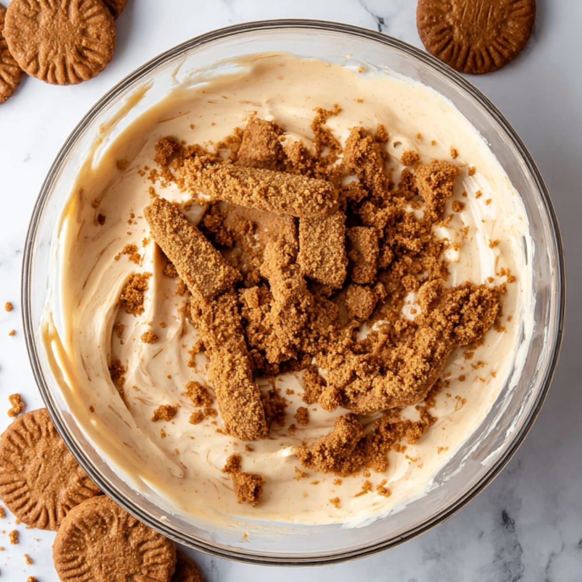 Gently fold the broken Biscoff cookie pieces into the batter, making sure they're evenly distributed. Divide the batter evenly among the three prepared pans. If you want to be precise, the total batter weighs about 1,614 grams, or roughly 538 grams per pan.