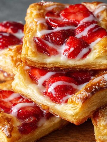 Stack of golden, flaky strawberry Danish pastries topped with fresh strawberries and a light glaze.
