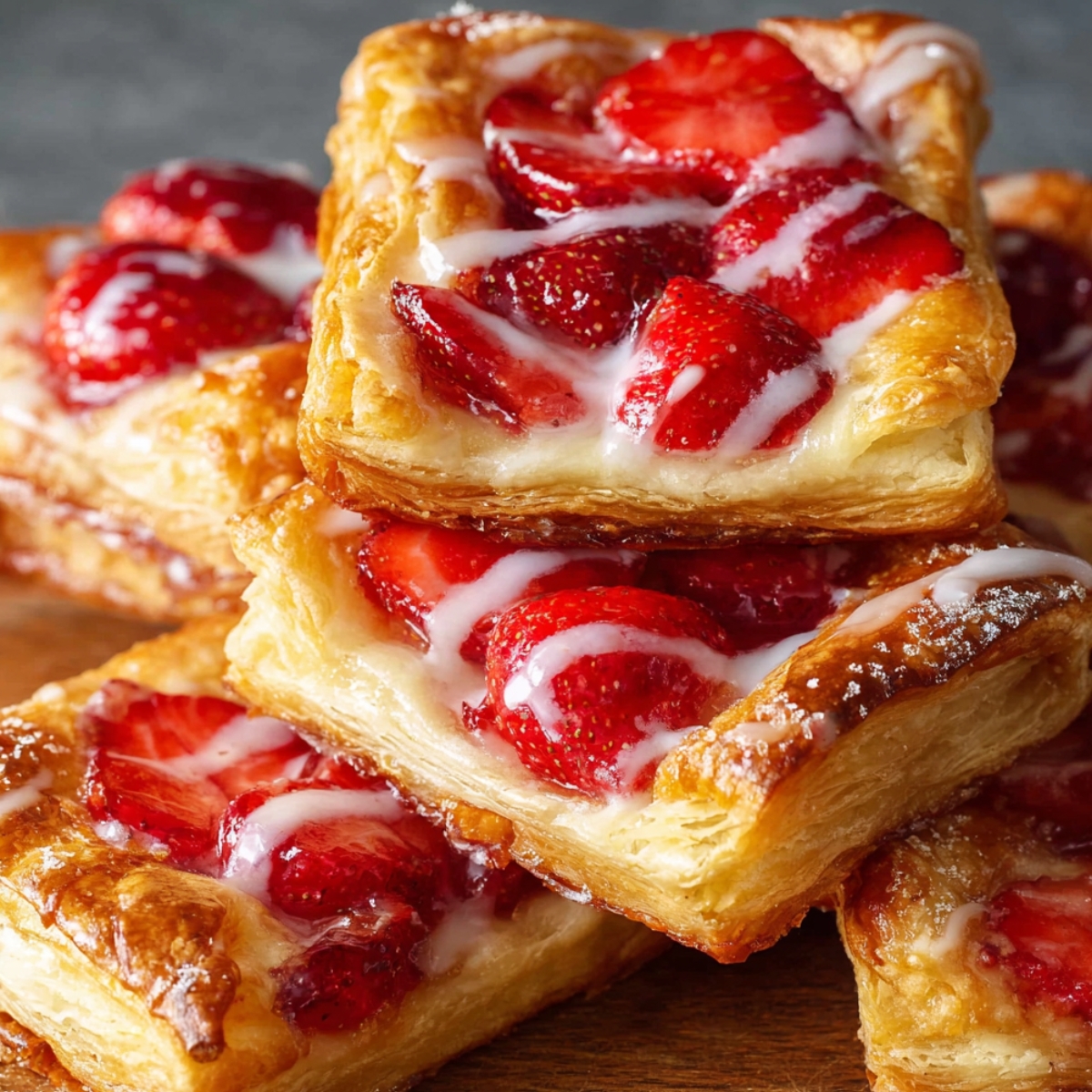 Stack of golden, flaky strawberry Danish pastries topped with fresh strawberries and a light glaze.