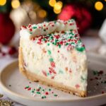 Slice of Sugar Cookie Cheesecake topped with red, green, and white sprinkles, with a festive background.