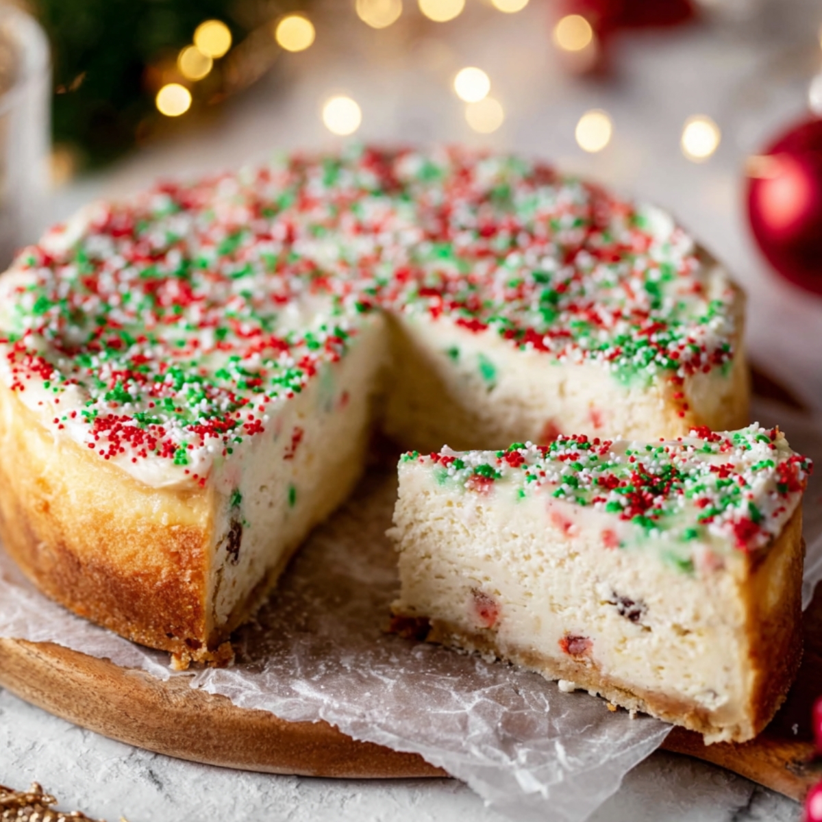 Sugar Cookie Cheesecake 14 Sugar Cookie Cheesecake topped with red, green, and white sprinkles, with a slice removed.