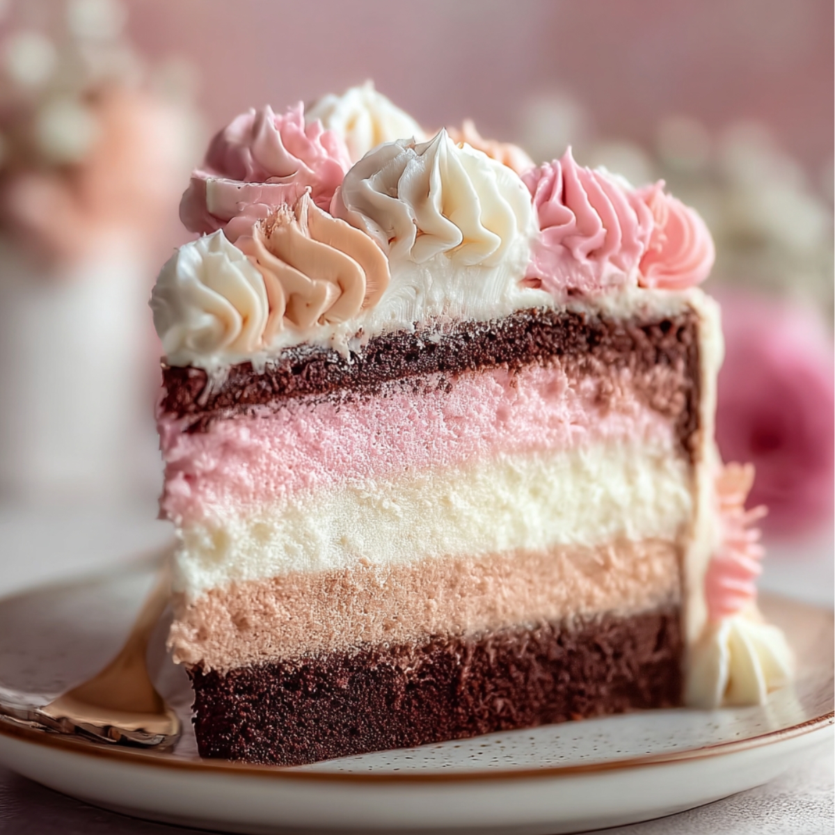 The Best Neapolitan Cake Recipe 11 Slice of homemade Neapolitan cake with chocolate, strawberry, and vanilla layers, topped with swirled pink, white, and cocoa buttercream, sitting on a plate.
