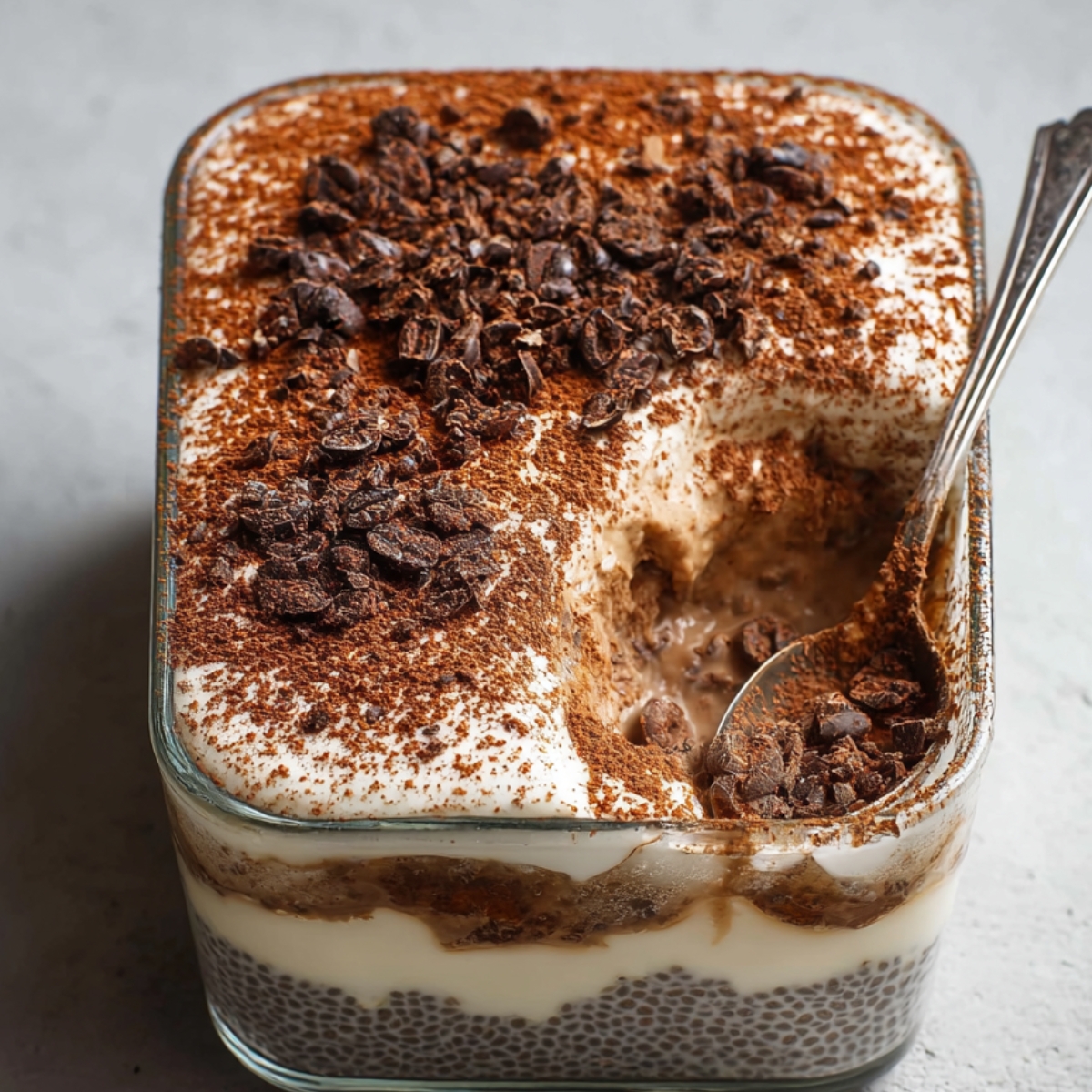 Tiramisu Chia Pudding Recipe with cocoa-dusted top, featuring round cocoa-covered spheres and creamy layered pudding inside.
