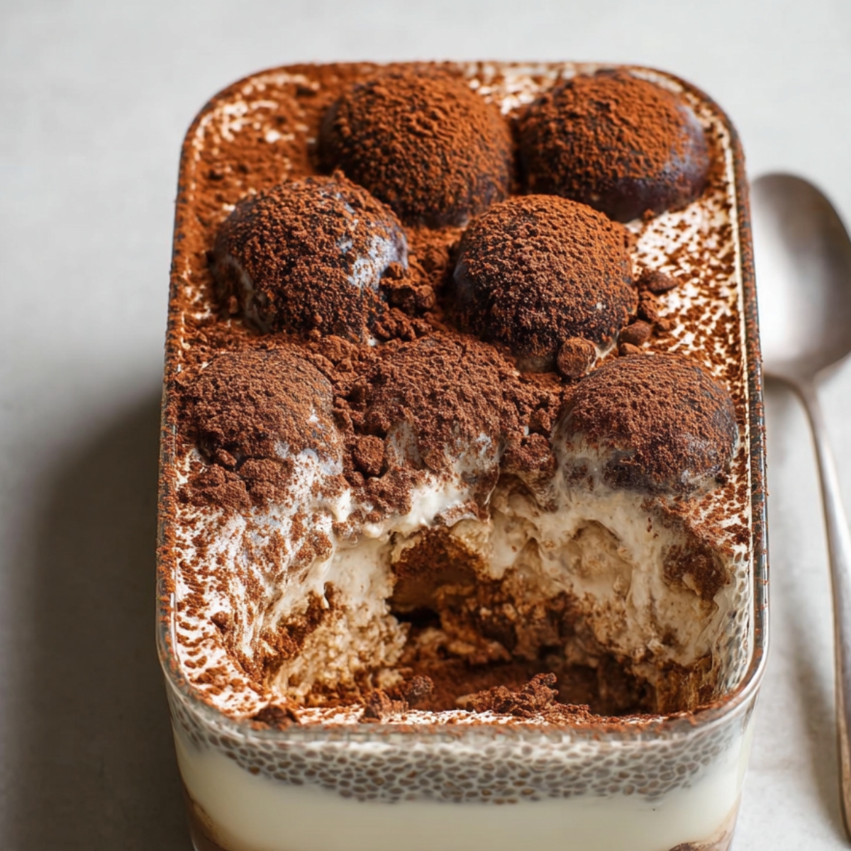 Tiramisu Chia Pudding with cocoa-dusted top, featuring round cocoa-covered spheres and creamy layered pudding inside.