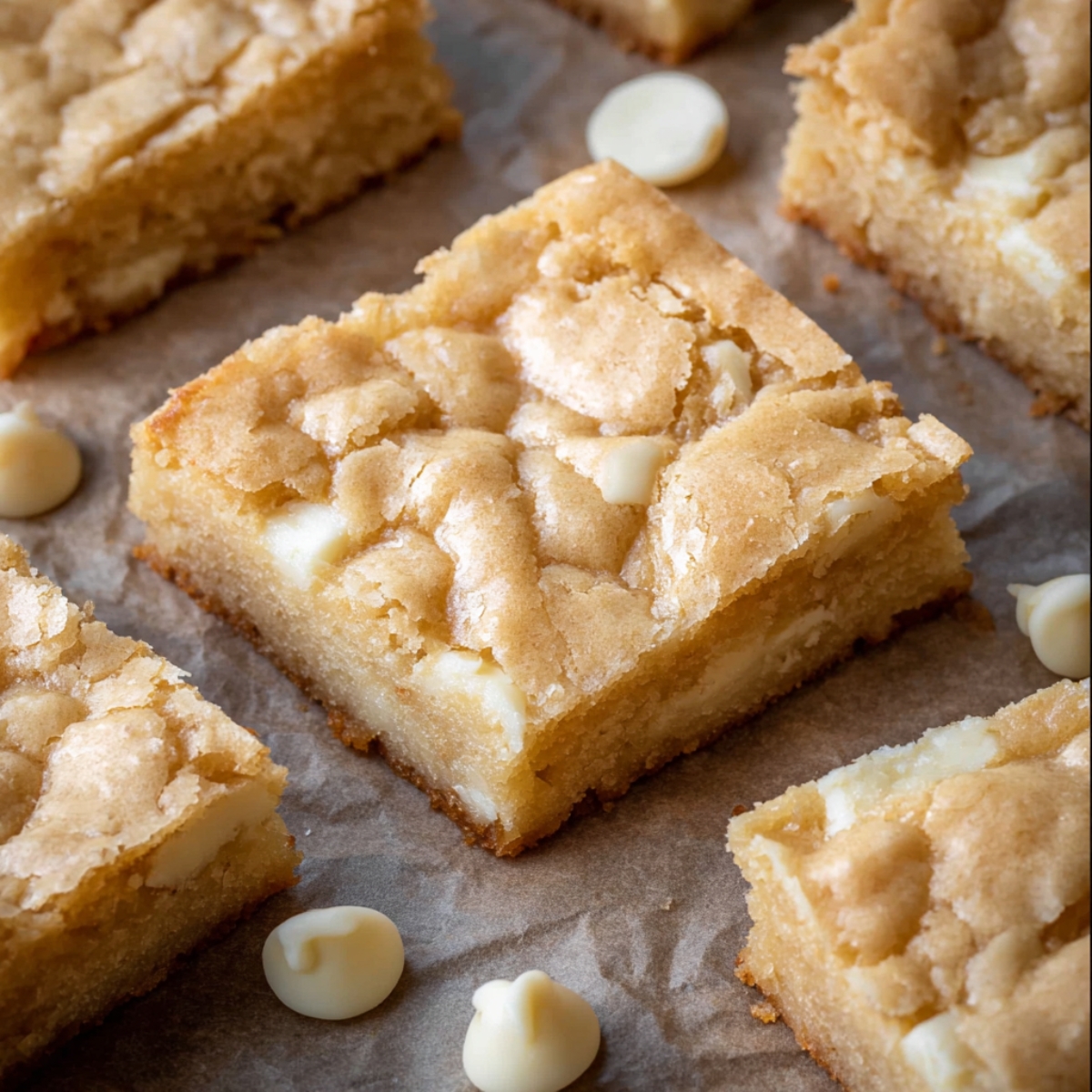 White Chocolate Brownies Recipe | Fudgy & Easy 14 Freshly baked white chocolate brownies, cut into squares with a golden top and scattered white chocolate chips.