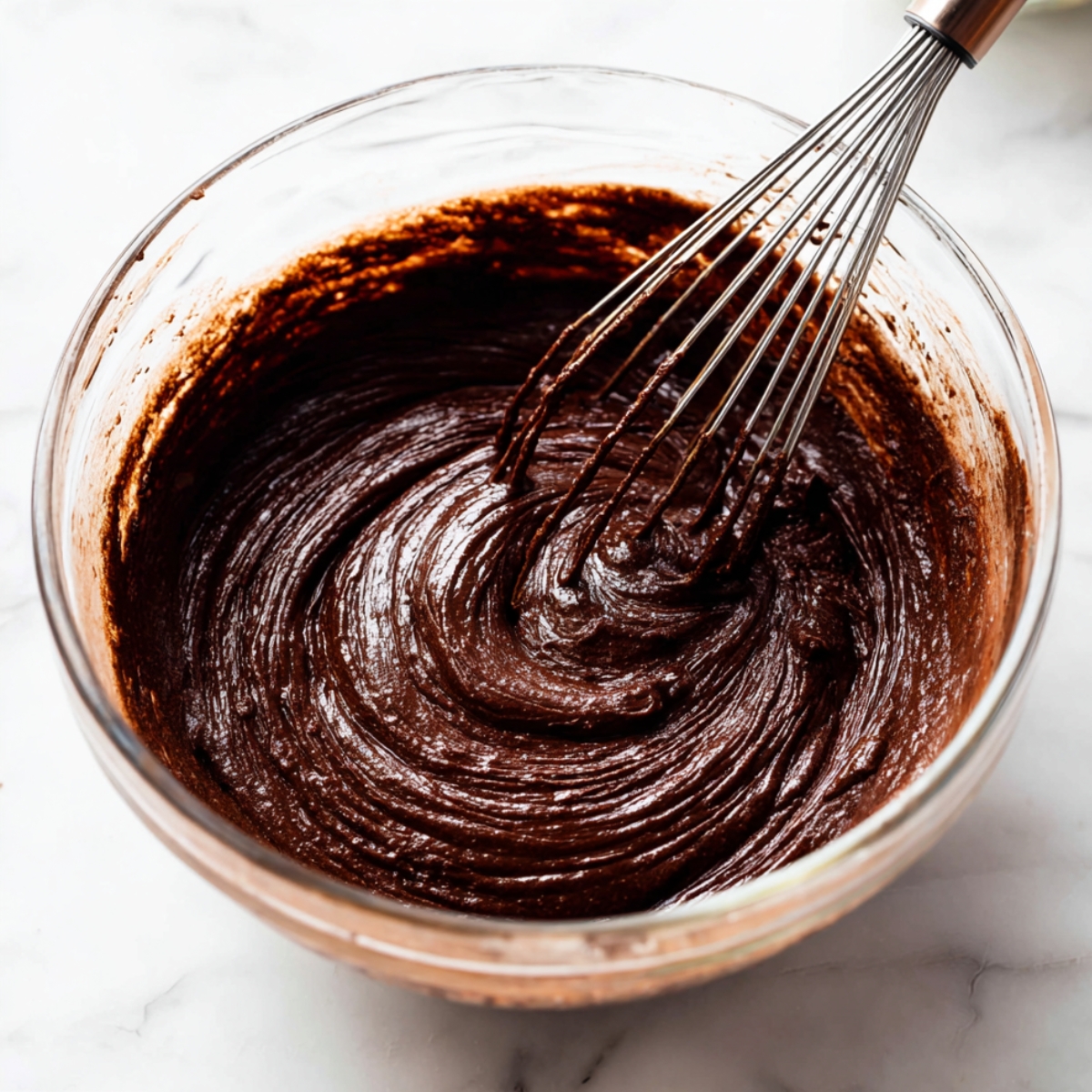 Brownie Ice Cream Sandwiches Recipe | Fudgy & Easy 10 Rich chocolate brownie batter being whisked in a glass bowl.