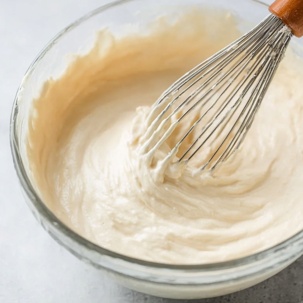 Moist Blackberry Lavender Cake Recipe 11 Close-up of thick vanilla cream cheese frosting in a glass bowl, with a whisk resting in it.