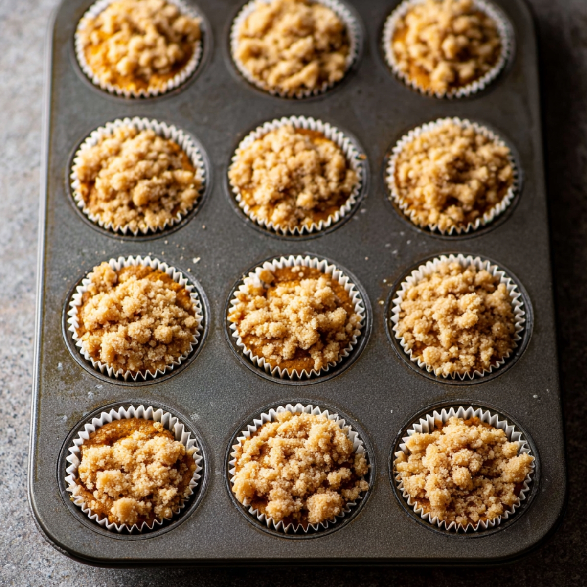 Easy Pumpkin Crumb Cake Muffins Recipe | 35 Minutes 12 A close-up of a pumpkin muffin with a crumb topping, sliced in half to reveal the soft and moist interior.