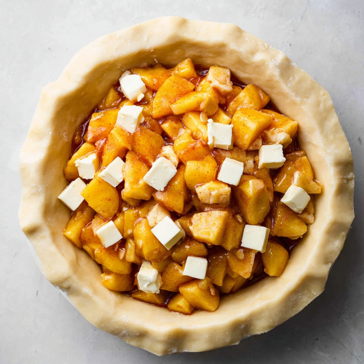 Perfect Peach Pie Recipe | Fresh & Flaky Every Time 11 A close-up shot of a peach pie crust filled with juicy peach filling, topped with cubes of butter.