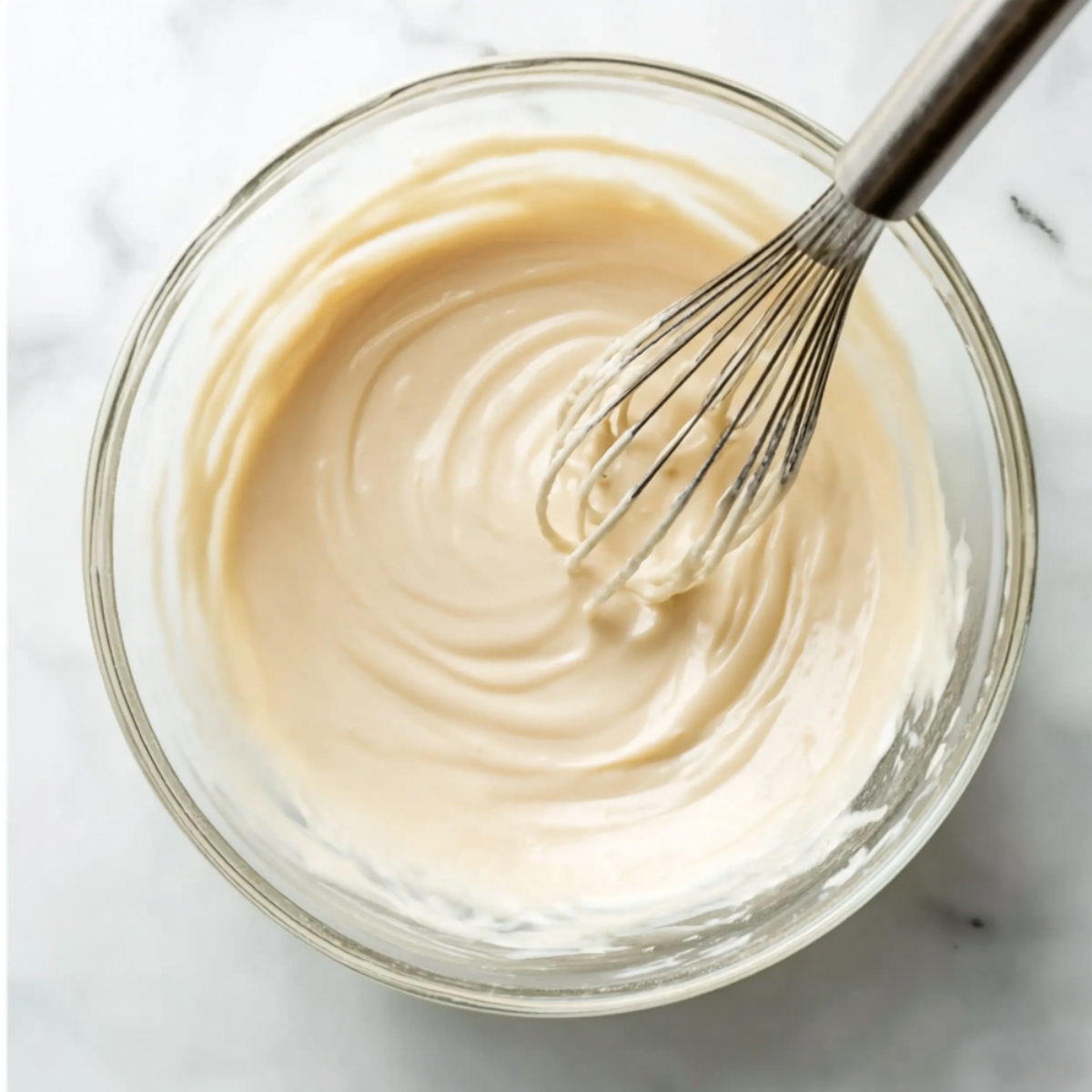 Vanilla Sheet Cake with Whipped Buttercream Frosting 10 Whisk mixing smooth vanilla cake batter in a glass bowl, creating silky ribbons of batter for a homemade sheet cake.