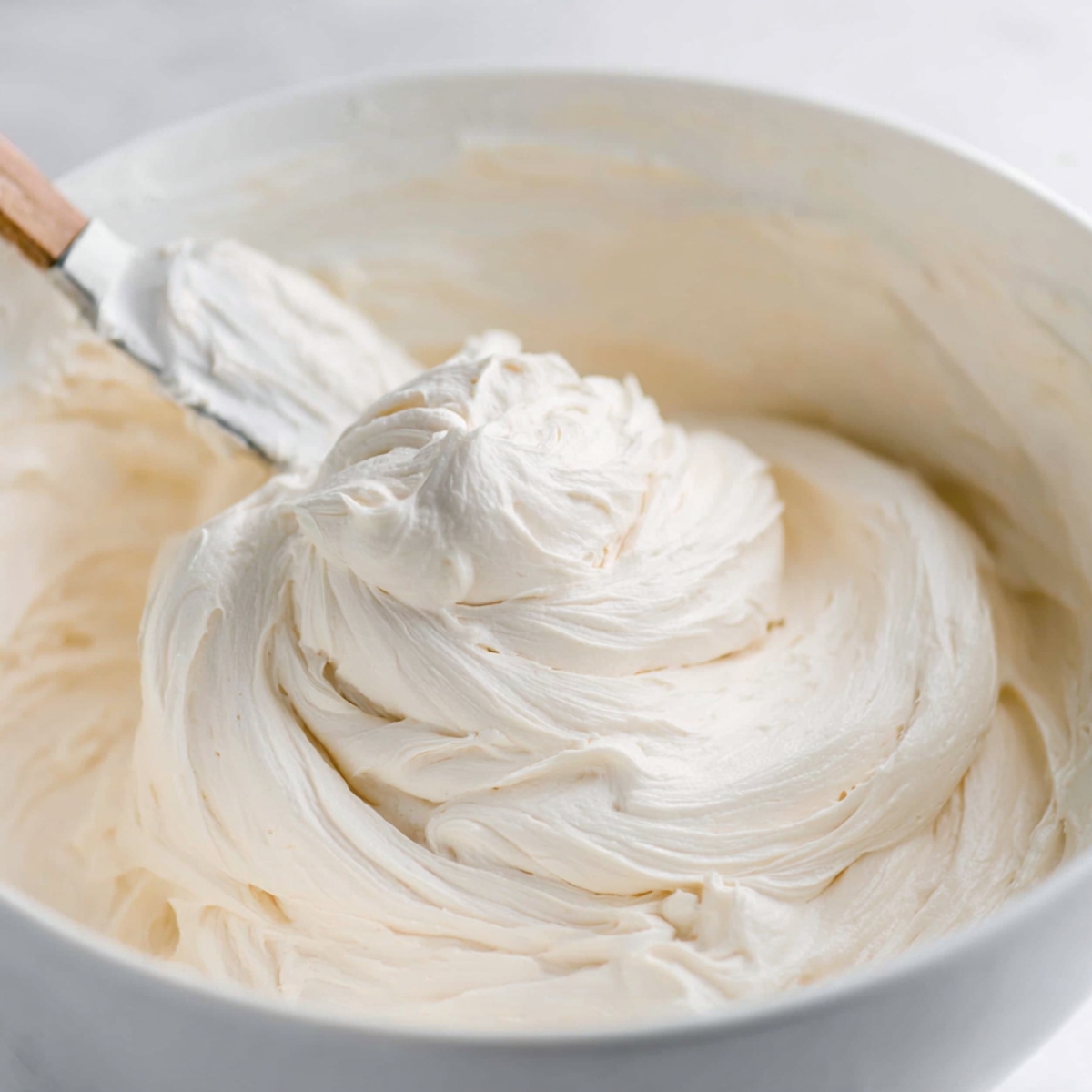 Vanilla Sheet Cake with Whipped Buttercream Frosting 12 Creamy vanilla buttercream frosting swirled in a mixing bowl with a spatula, showing a smooth and fluffy texture ready for frosting a cake.