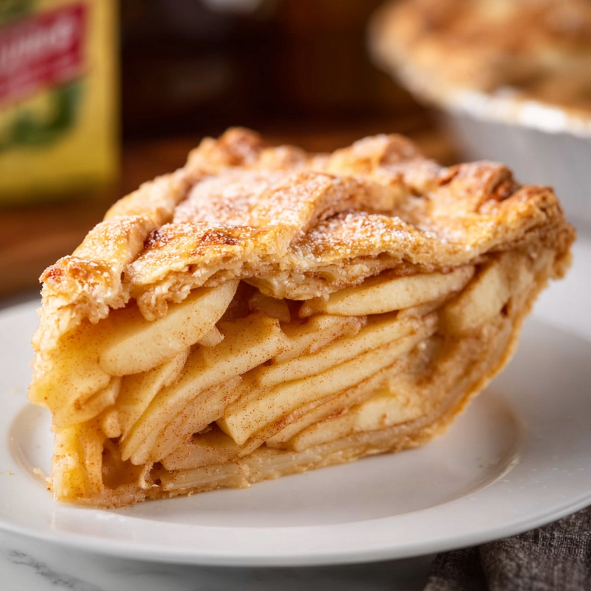 Slice of Apple Cheddar Pie on a white plate showing layered apple filling and flaky golden crust