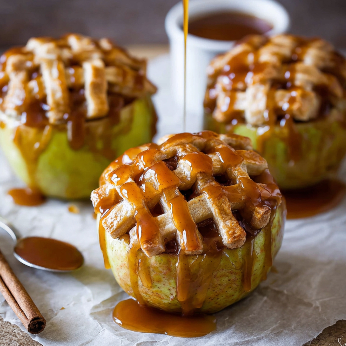 Apple Pie Baked Apples with a golden lattice crust, topped with a generous drizzle of caramel sauce, ready to be served as a warm, indulgent dessert.
