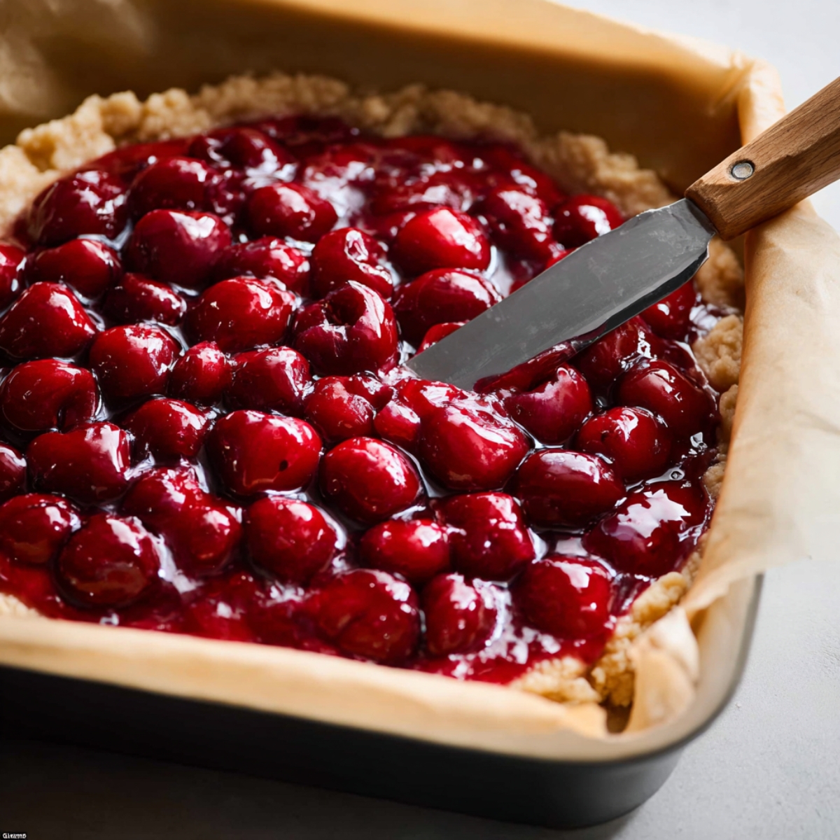 Cherry Pie Bars Recipe | Easy Homemade Dessert Bars 11 A hand spreading a layer of cherry filling over a base of cookie dough in a baking pan, preparing for the crumble topping to be added on top.