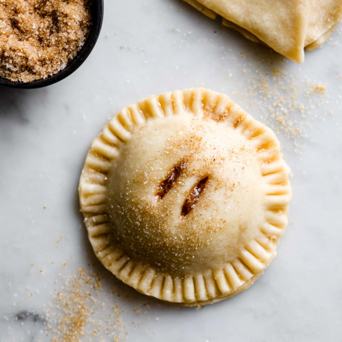 Easy Apple Hand Pies Recipe | Homemade & Freezable 12 An unbaked round apple hand pie sealed around the edges with fork crimping, sprinkled with cinnamon sugar, and vented with small slits on top, sitting on a light marble surface with a small bowl of brown sugar and folded pastry dough in the background.