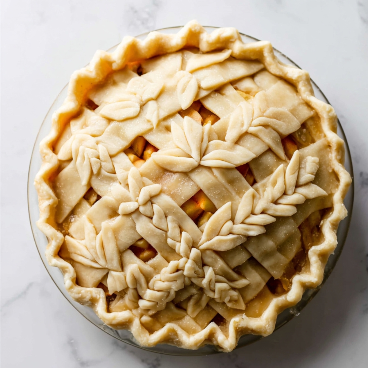 Easy Apple Cheddar Pie | Homemade Savory-Sweet Pie 12 Unbaked apple pie with decorative lattice and leaf-shaped crust design in a glass pie dish on a marble surface