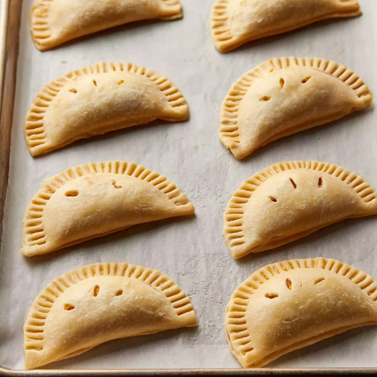 Pumpkin Hand Pies Recipe 11 A sheet of parchment paper with unbaked pumpkin hand pies neatly arranged. The dough is sealed with a crimped edge, and small slits are visible on top, ready to be baked.