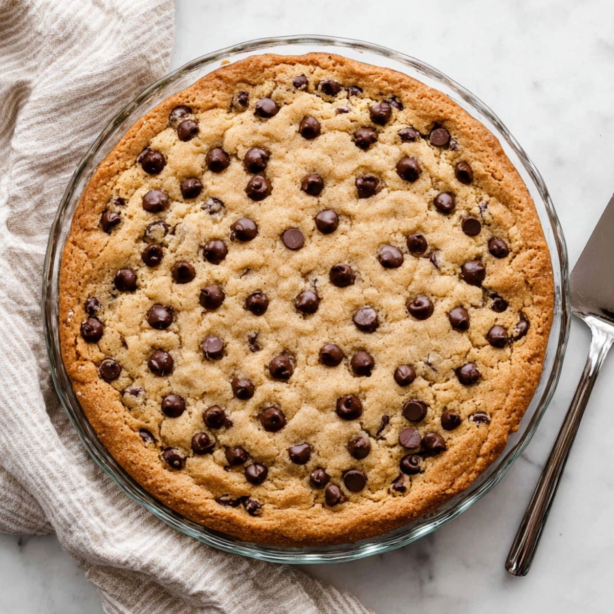 Chocolate Chip Cookie Cake Recipe | Easy & Chewy 12 Baked chocolate chip cookie cake in a glass pan, golden brown with chocolate chips on top, ready to serve