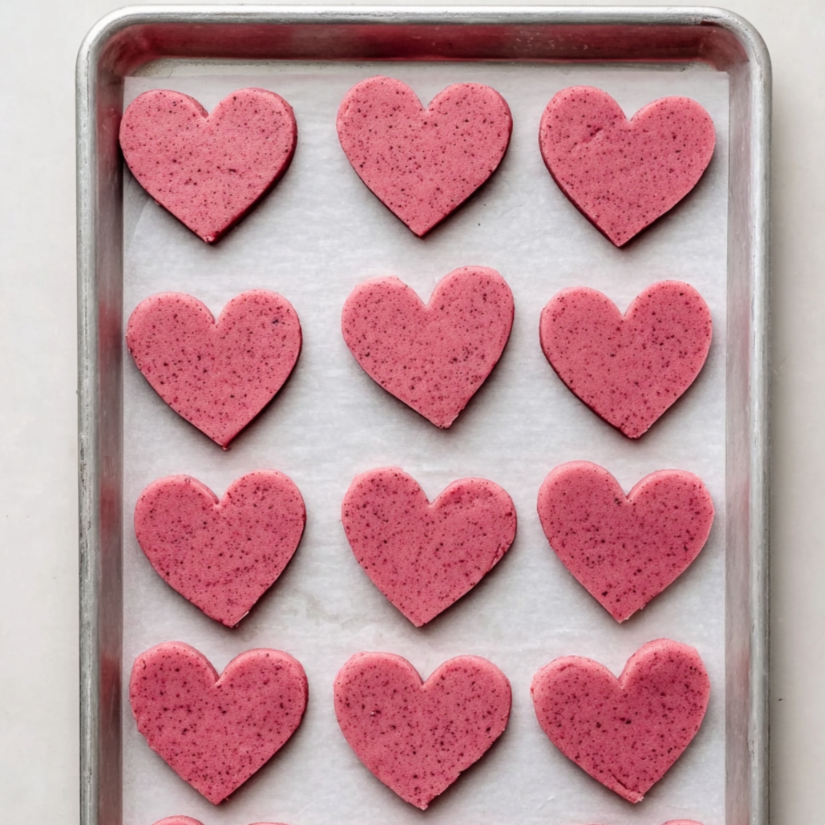 Raspberry Sugar Cookies Recipe | Soft & Fruity Treats 13 A tray lined with parchment paper filled with freshly cut heart-shaped raspberry cookie dough, ready for baking.
