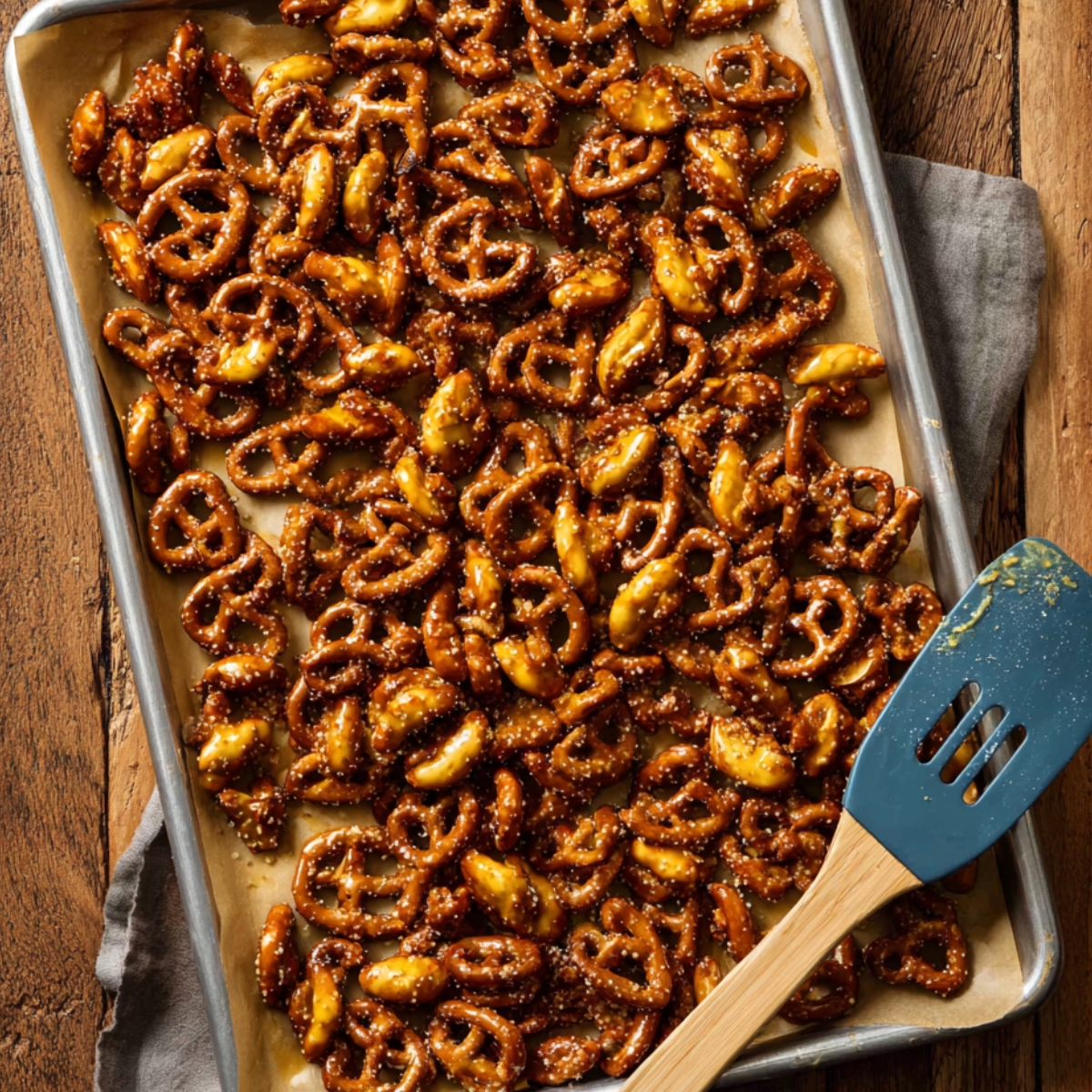 Honey Mustard Pretzel Pieces 12 Honey mustard pretzels spread on a parchment-lined baking sheet, coated in glossy sauce and ready to bake