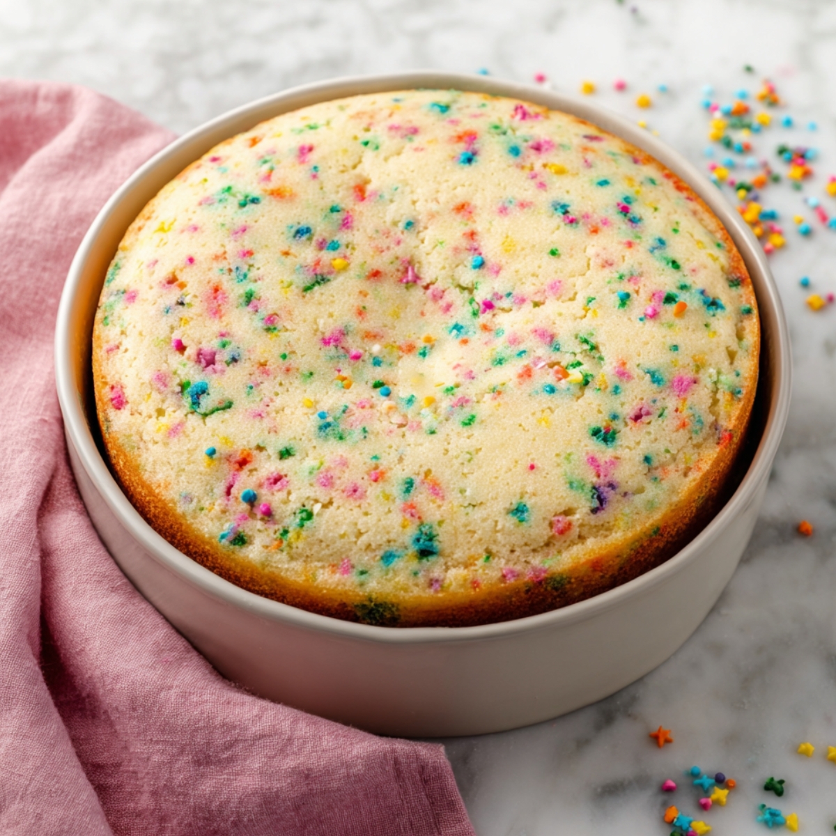 Perfect One Layer Sprinkle Cake Recipe 11 A freshly baked funfetti cake with colorful sprinkles visible on top, cooling in a round cake pan.