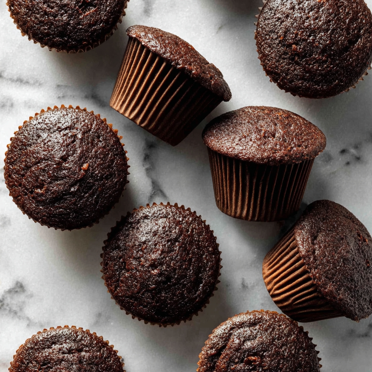 Chocolate Covered Strawberry Cupcakes Recipe - So Easy! 11 A variety of baked chocolate cupcakes cooling on a marble surface, some with cupcake liners removed.
