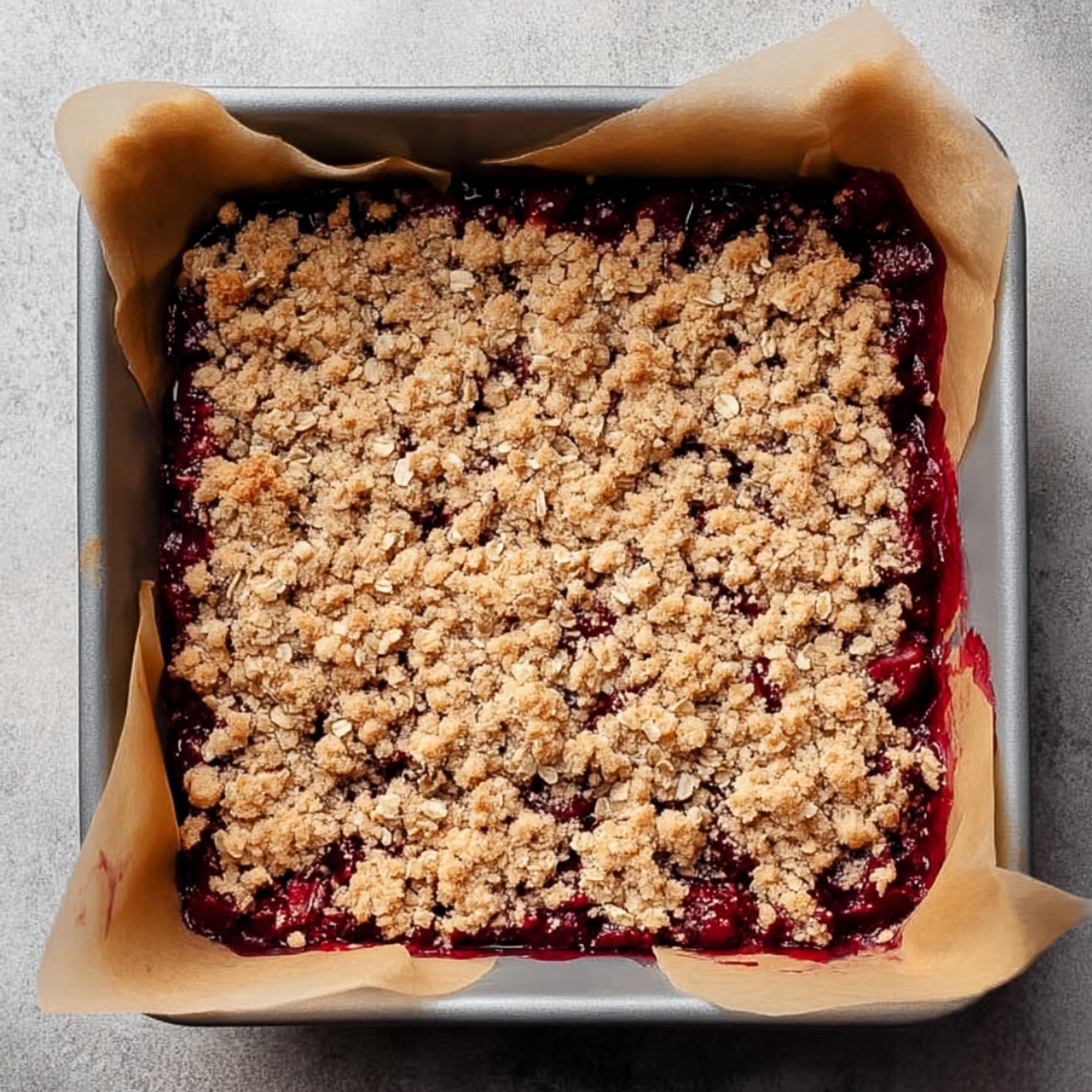 Cherry Pie Bars Recipe | Easy Homemade Dessert Bars 12 A baking pan with cherry pie bars, just out of the oven, showing the crisp, golden-brown crumble topping, perfect for serving.