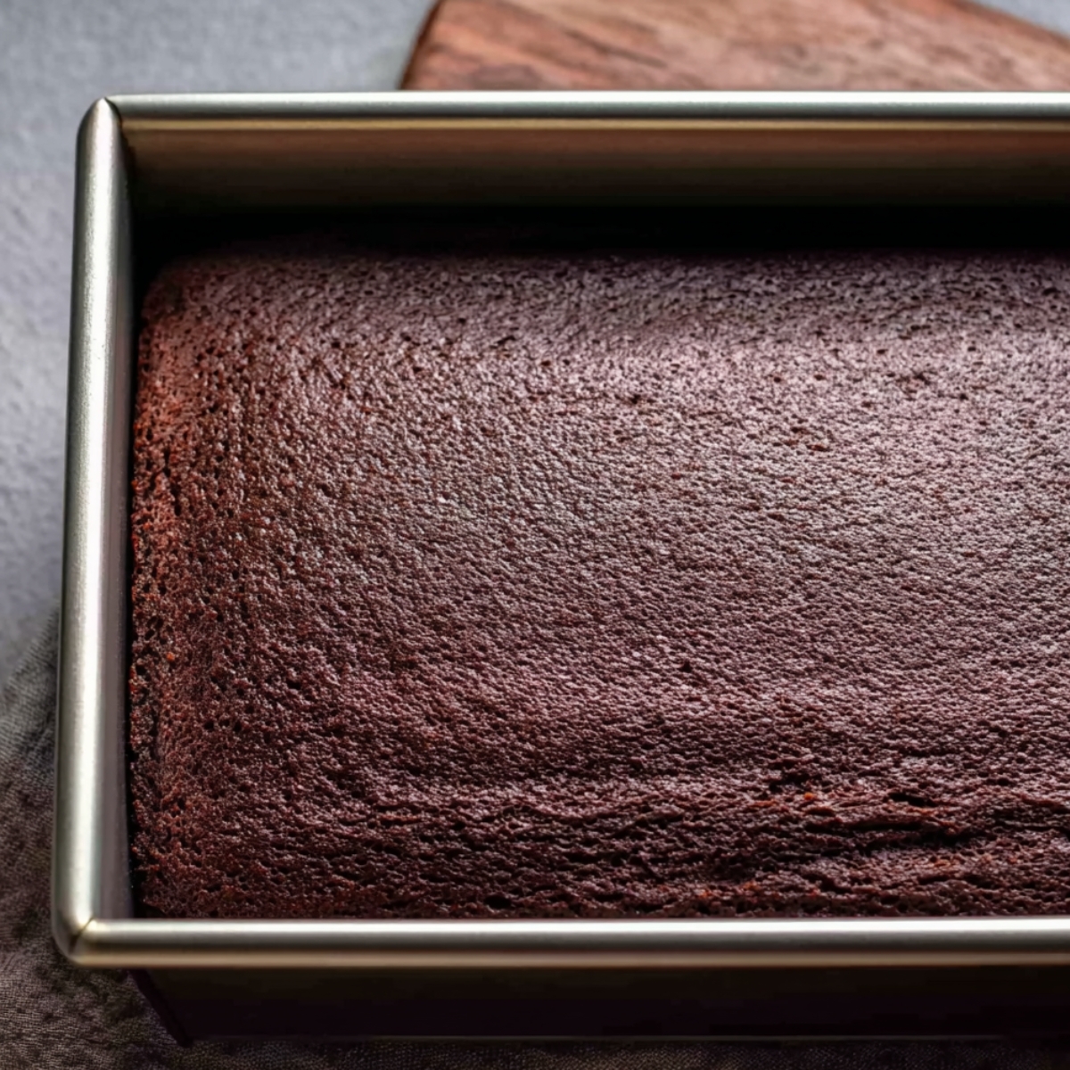 Moist Chocolate Mayonnaise Cake 11 A close-up of a freshly baked chocolate cake in a metal baking pan.