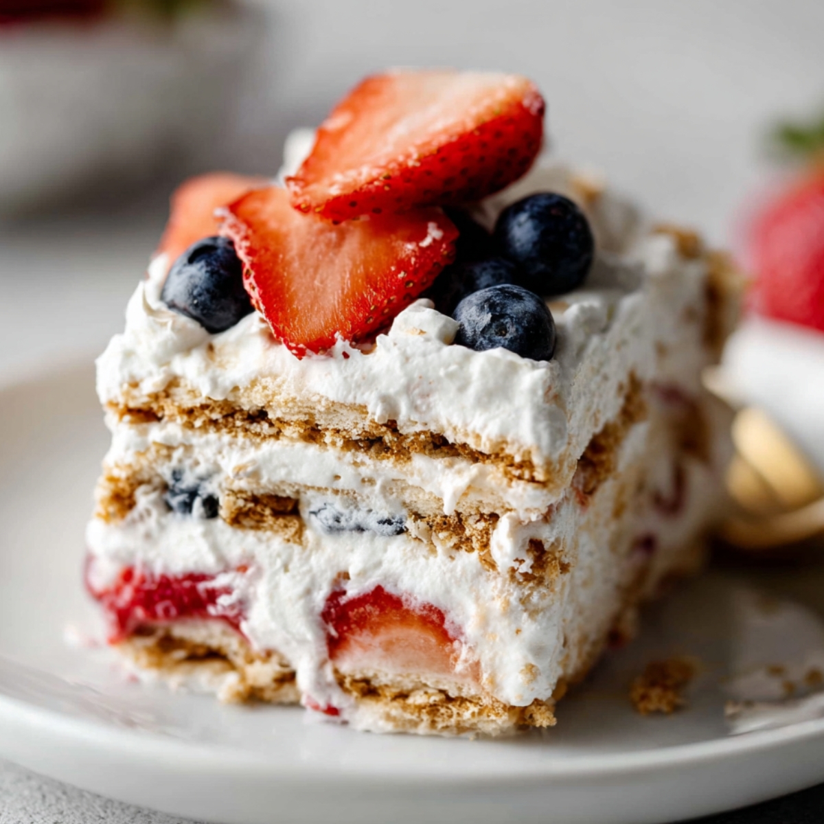 Slice of berry icebox cake layered with graham crackers, whipped cream, strawberries, and blueberries on a plate.