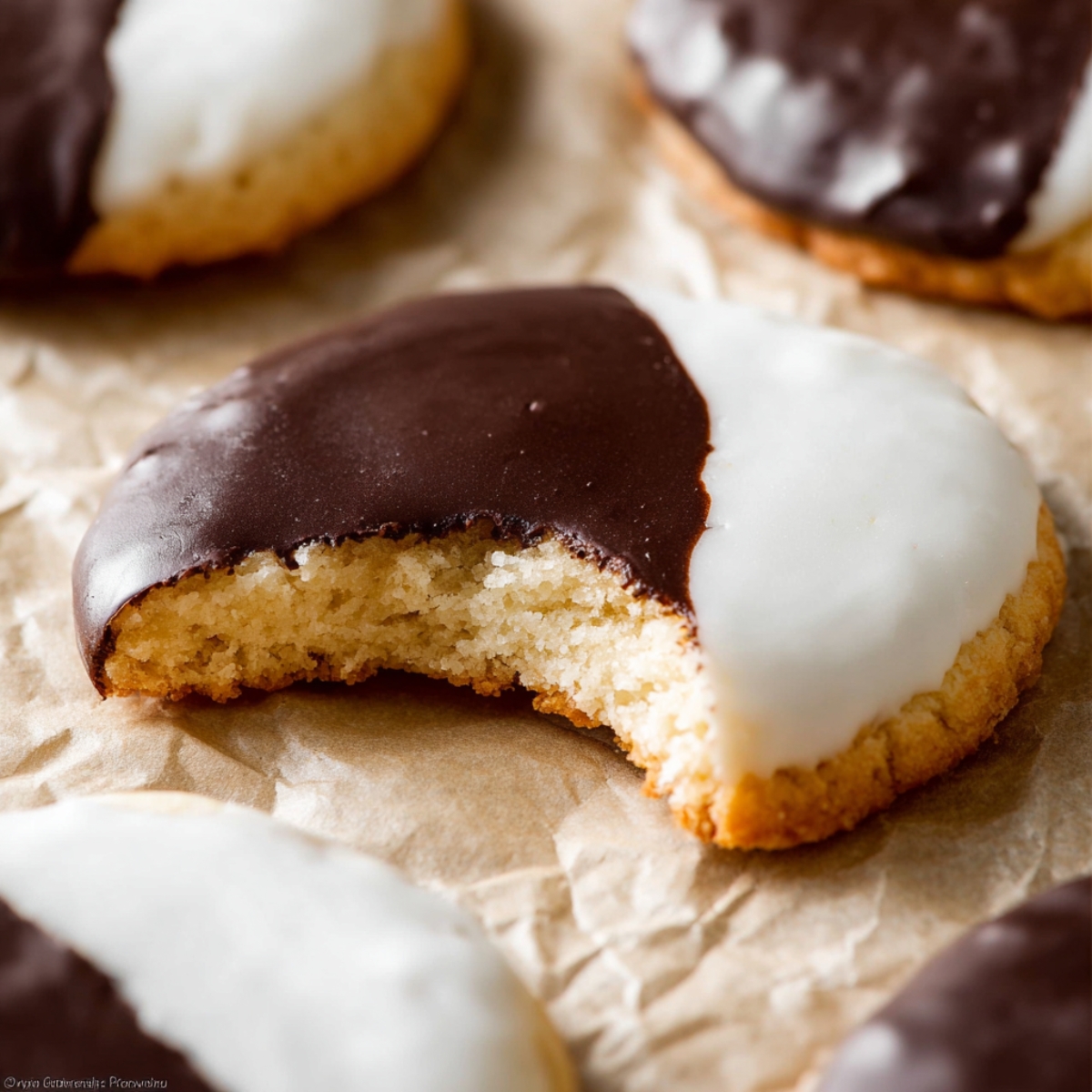 Classic Black and White Cookies arranged on parchment paper, each cookie half covered in chocolate icing and half in vanilla icing