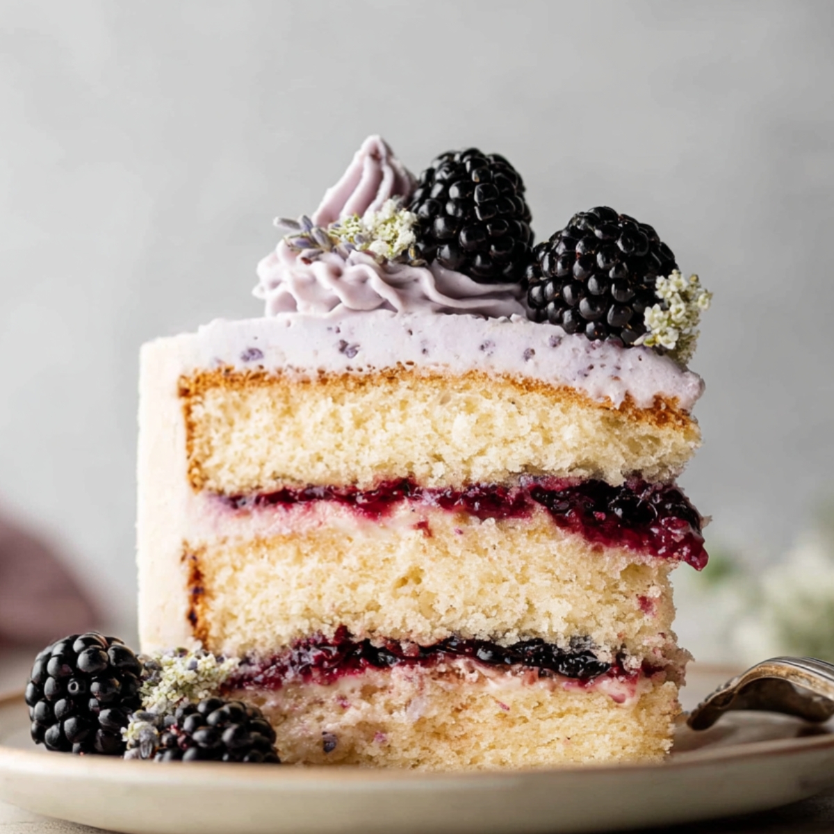 A slice of Blackberry Lavender Cake layered with blackberry filling and frosted with lavender buttercream, topped with fresh blackberries and decorative flowers.