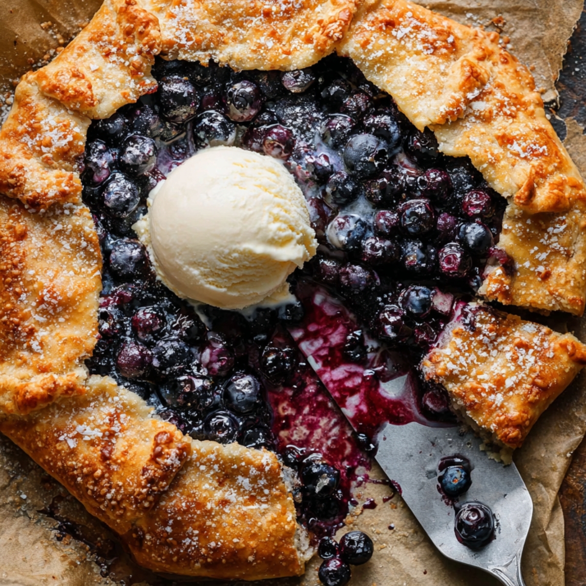 Baked Blueberry Galette with golden flaky crust topped with a scoop of vanilla ice cream.