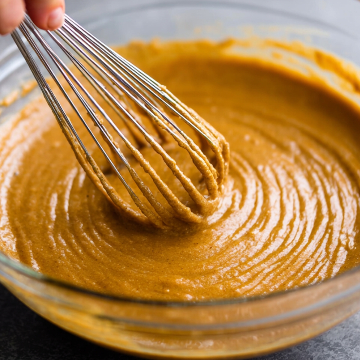 Easy Pumpkin Crumb Cake Muffins Recipe | 35 Minutes 10 A bowl of pumpkin muffin batter being whisked.