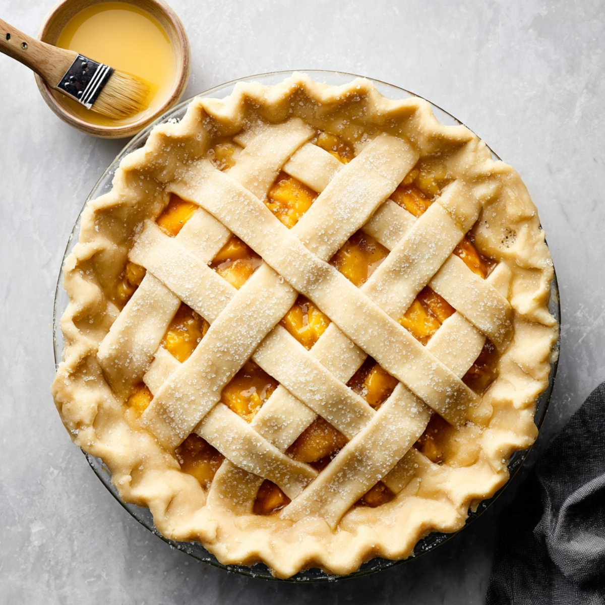 Perfect Peach Pie Recipe | Fresh & Flaky Every Time 12 A peach pie topped with a golden lattice crust and a bowl of egg wash with a pastry brush beside it.