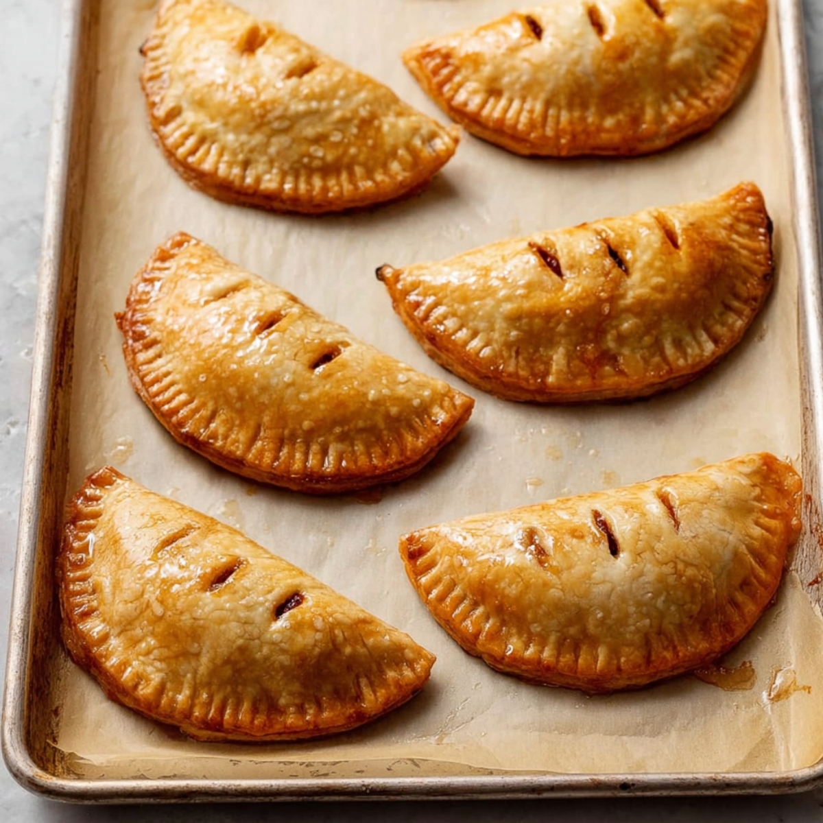 Pumpkin Hand Pies Recipe 12 A baking sheet filled with golden-brown baked pumpkin hand pies. Each pie has a beautifully crimped edge, with small slits on top for venting, and is finished with a light, glossy glaze.