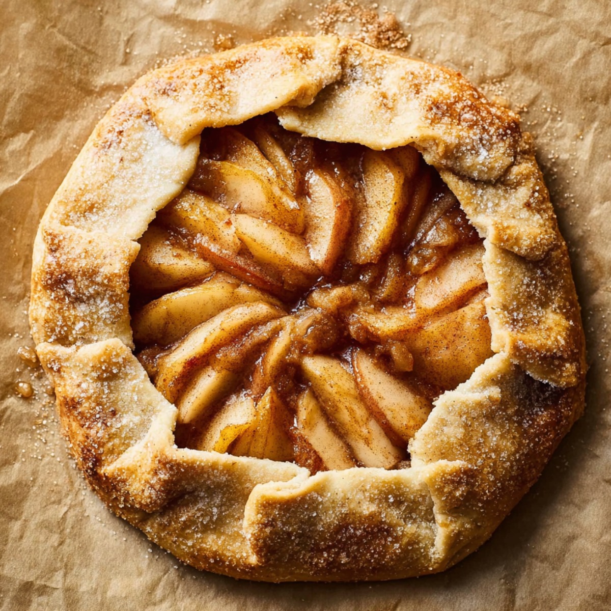 A close-up of a ginger pear galette, with pear slices caramelized in syrup.