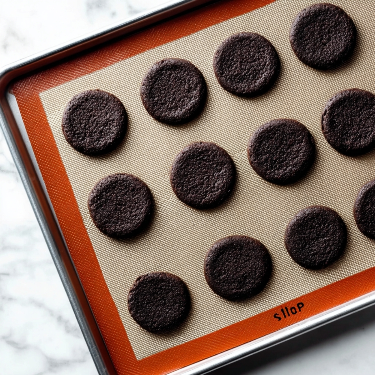 Homemade Oreos Recipe | Easy Copycat Cookies in 35 Min 12 Chocolate cookie dough discs chilling on a silicone baking mat on a metal baking sheet before baking