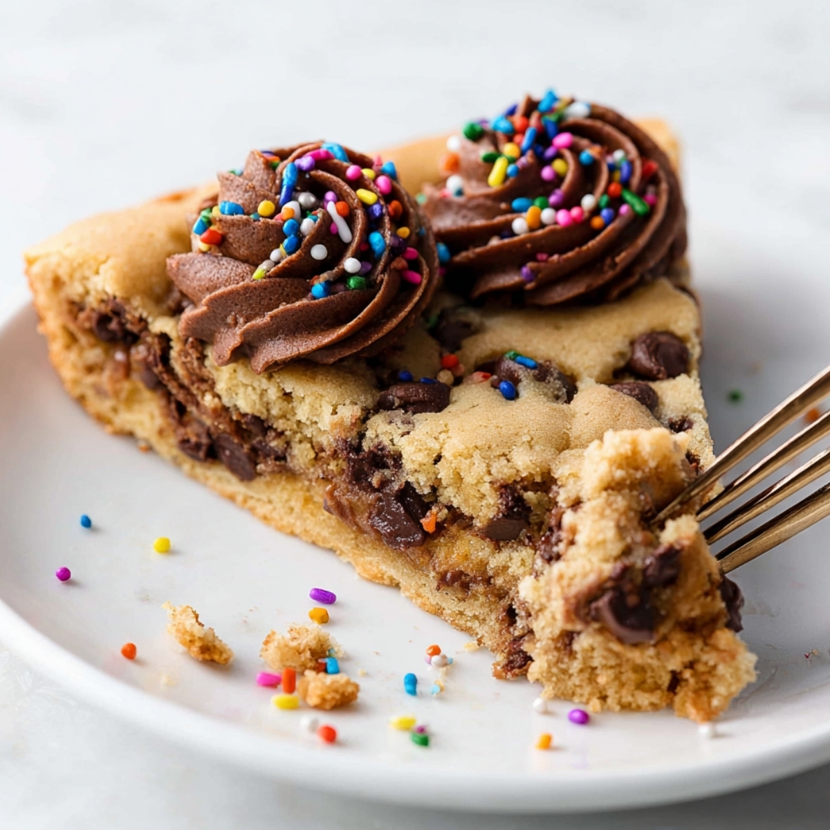 Chocolate Chip Cookie Cake Recipe | Easy & Chewy 9 Slice of Chocolate Chip Cookie Cake topped with chocolate frosting and rainbow sprinkles on a white plate