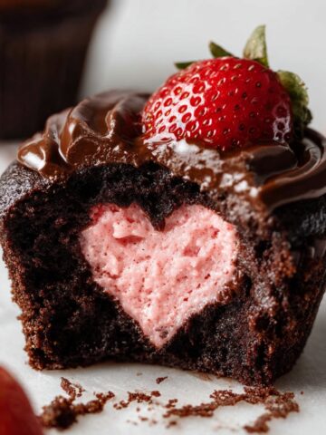 Chocolate Covered Strawberry Cupcakes Recipe - So Easy! 17 Chocolate Covered Strawberry Cupcakes with a heart-shaped strawberry filling inside, topped with a fresh strawberry and chocolate ganache.