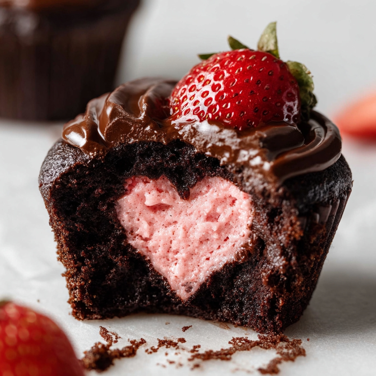 Chocolate Covered Strawberry Cupcakes Recipe - So Easy! 9 Chocolate Covered Strawberry Cupcakes with a heart-shaped strawberry filling inside, topped with a fresh strawberry and chocolate ganache.