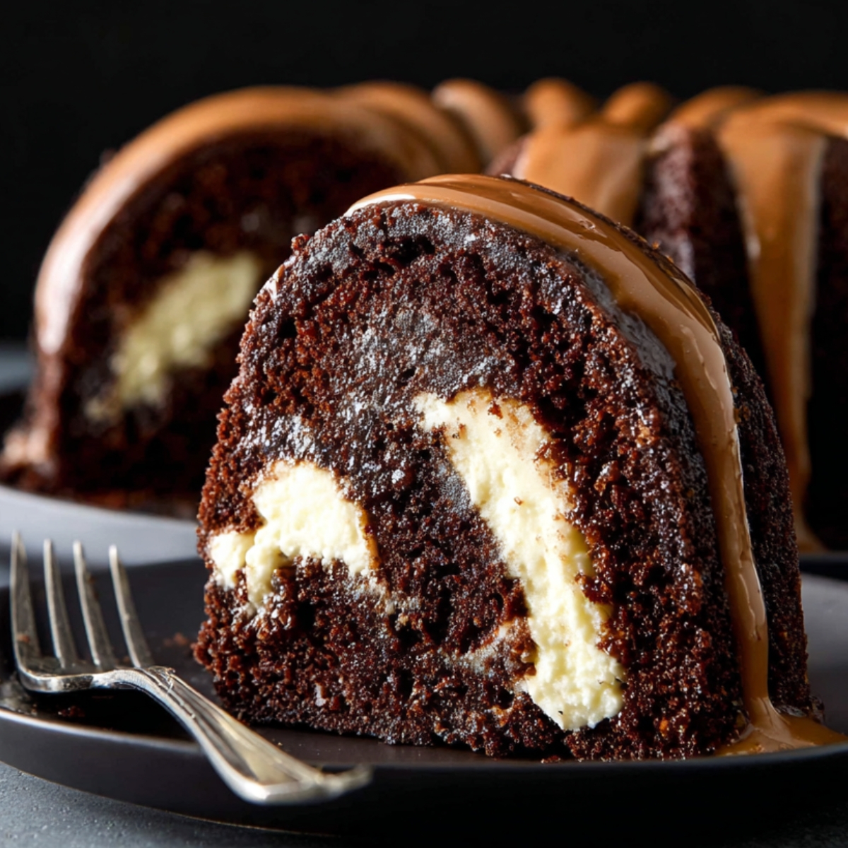 Slice of Chocolate Cream Cheese Bundt Cake with a creamy center and caramel drizzle.