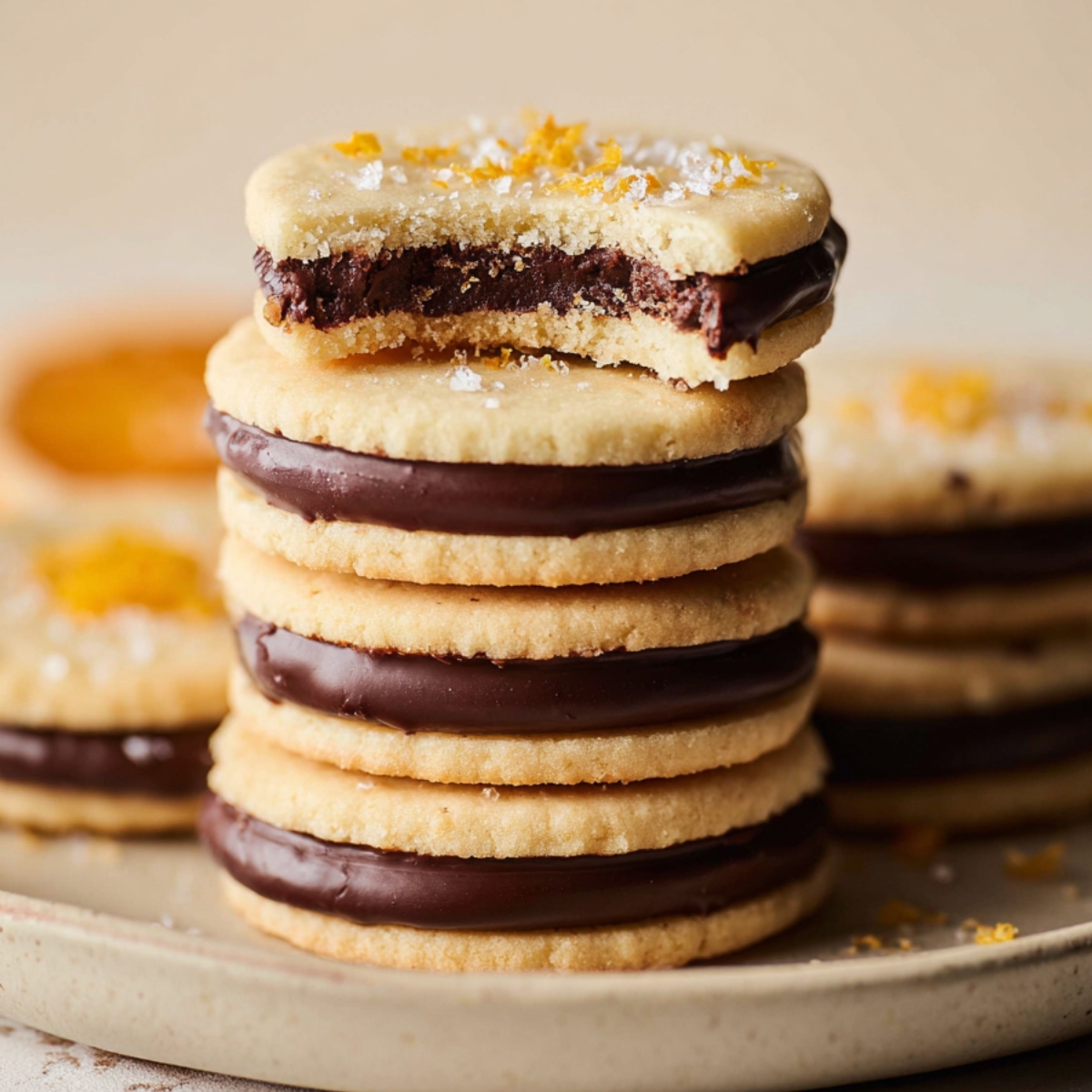 Chocolate Orange Sandwich Cookies 9 A stack of buttery Chocolate Orange Sandwich Cookies Recipe filled with smooth chocolate ganache, arranged on a ceramic plate and sprinkled with sugar and orange zest in soft natural light.